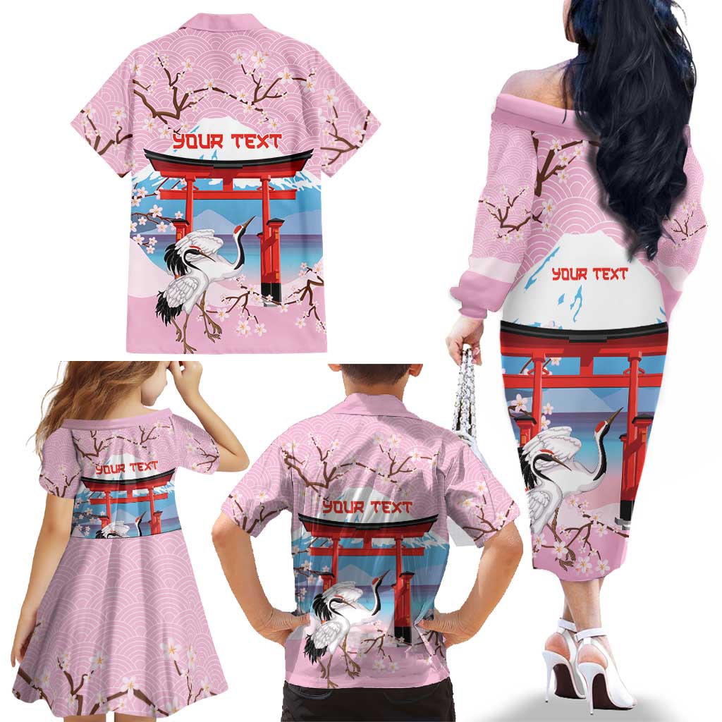 Japanese Torii Gate Cranes Personalised Family Matching Off The Shoulder Long Sleeve Dress and Hawaiian Shirt Fuji Mount Sakura Seigaiha Pattern