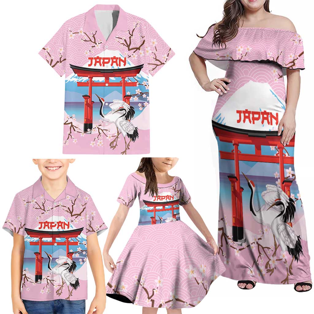 Japanese Torii Gate Cranes Personalised Family Matching Off Shoulder Maxi Dress and Hawaiian Shirt Fuji Mount Sakura Seigaiha Pattern
