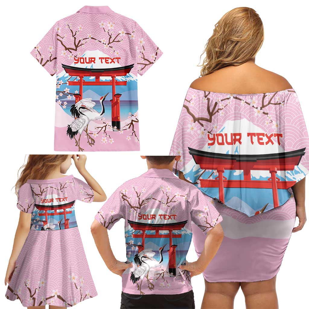 Japanese Torii Gate Cranes Personalised Family Matching Off Shoulder Short Dress and Hawaiian Shirt Fuji Mount Sakura Seigaiha Pattern