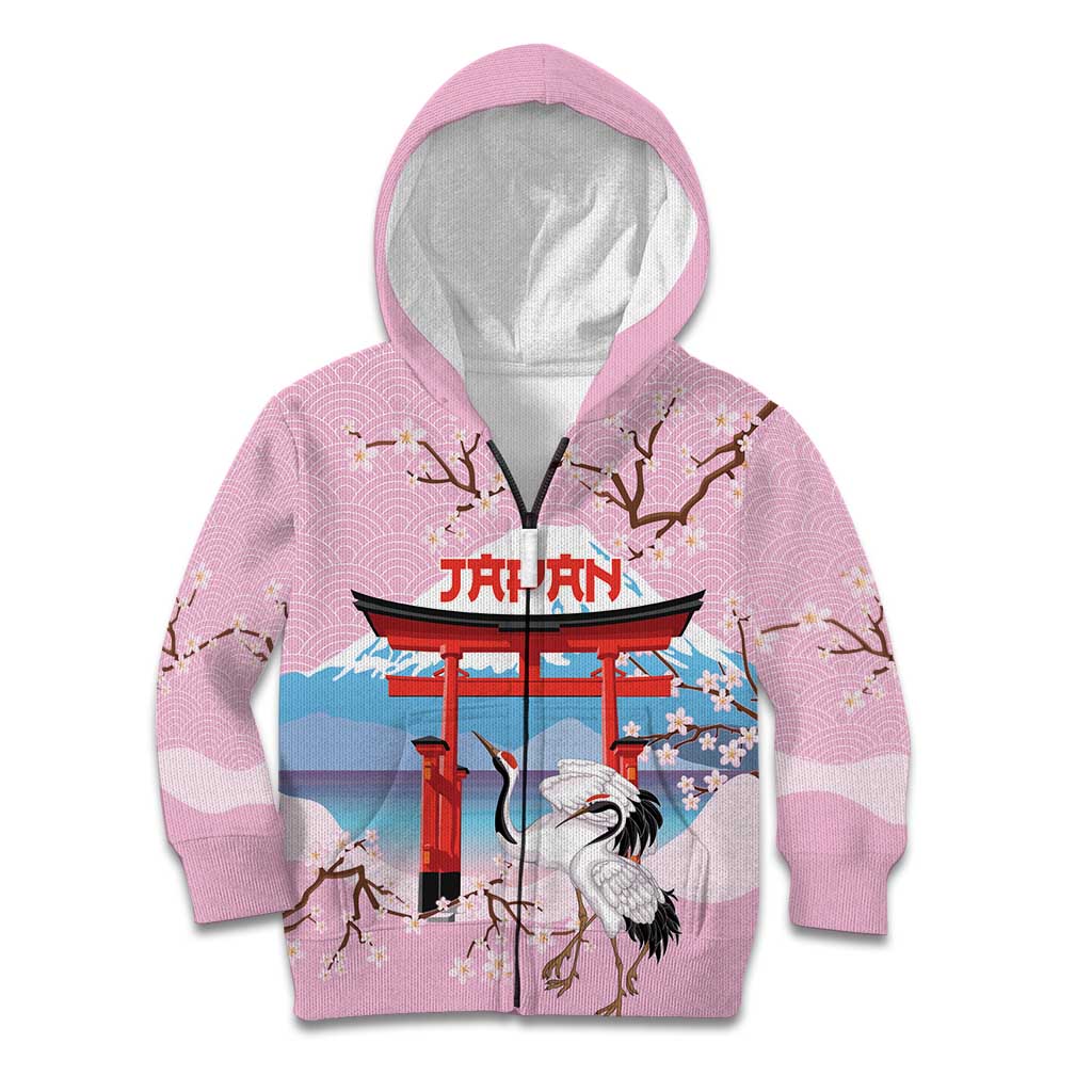 Japanese Torii Gate Cranes Personalised Kid Hoodie Fuji Mount Sakura Seigaiha Pattern LT14 Zip Hoodie Pink - Polynesian Pride