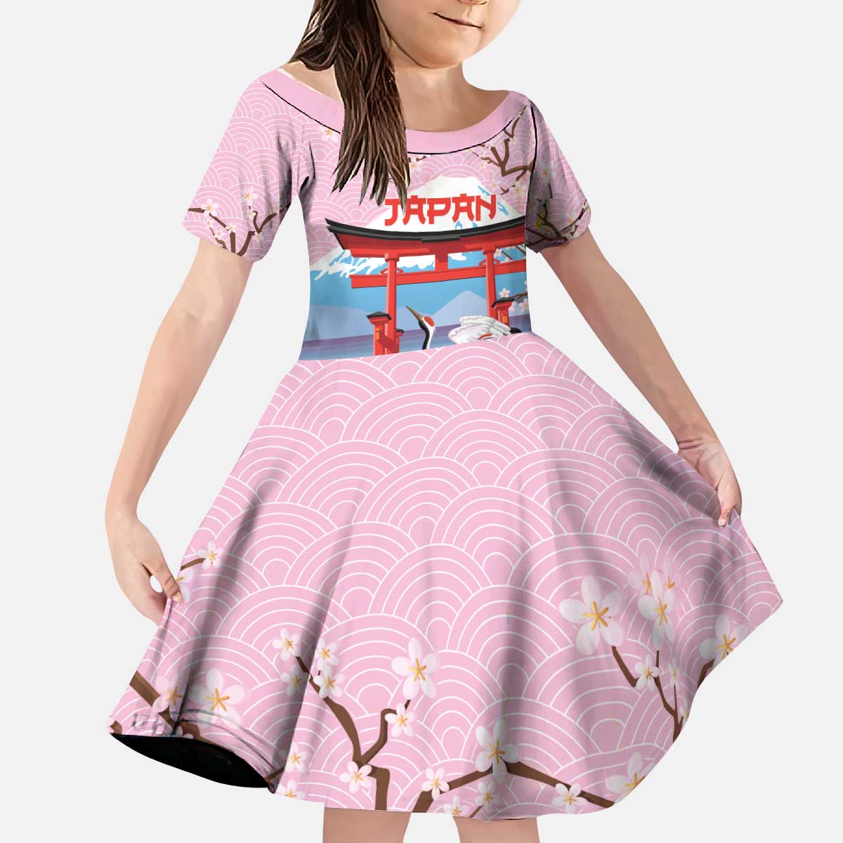 Japanese Torii Gate Cranes Personalised Kid Short Sleeve Dress Fuji Mount Sakura Seigaiha Pattern LT14 KID Pink - Polynesian Pride