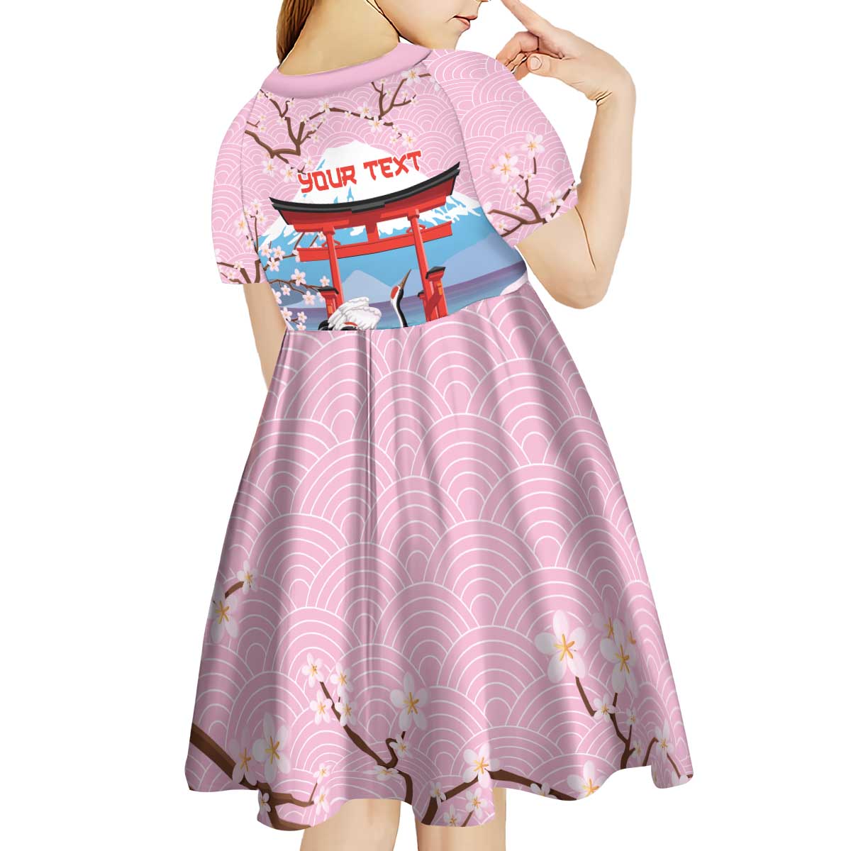 Japanese Torii Gate Cranes Personalised Kid Short Sleeve Dress Fuji Mount Sakura Seigaiha Pattern LT14 - Polynesian Pride