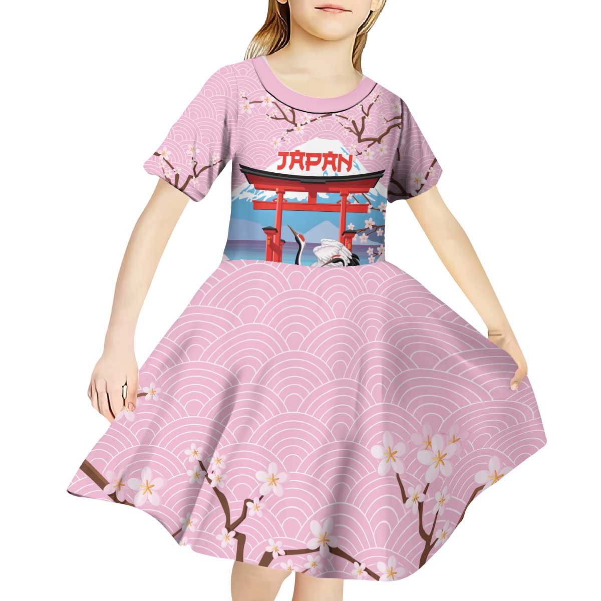 Japanese Torii Gate Cranes Personalised Kid Short Sleeve Dress Fuji Mount Sakura Seigaiha Pattern LT14 - Polynesian Pride
