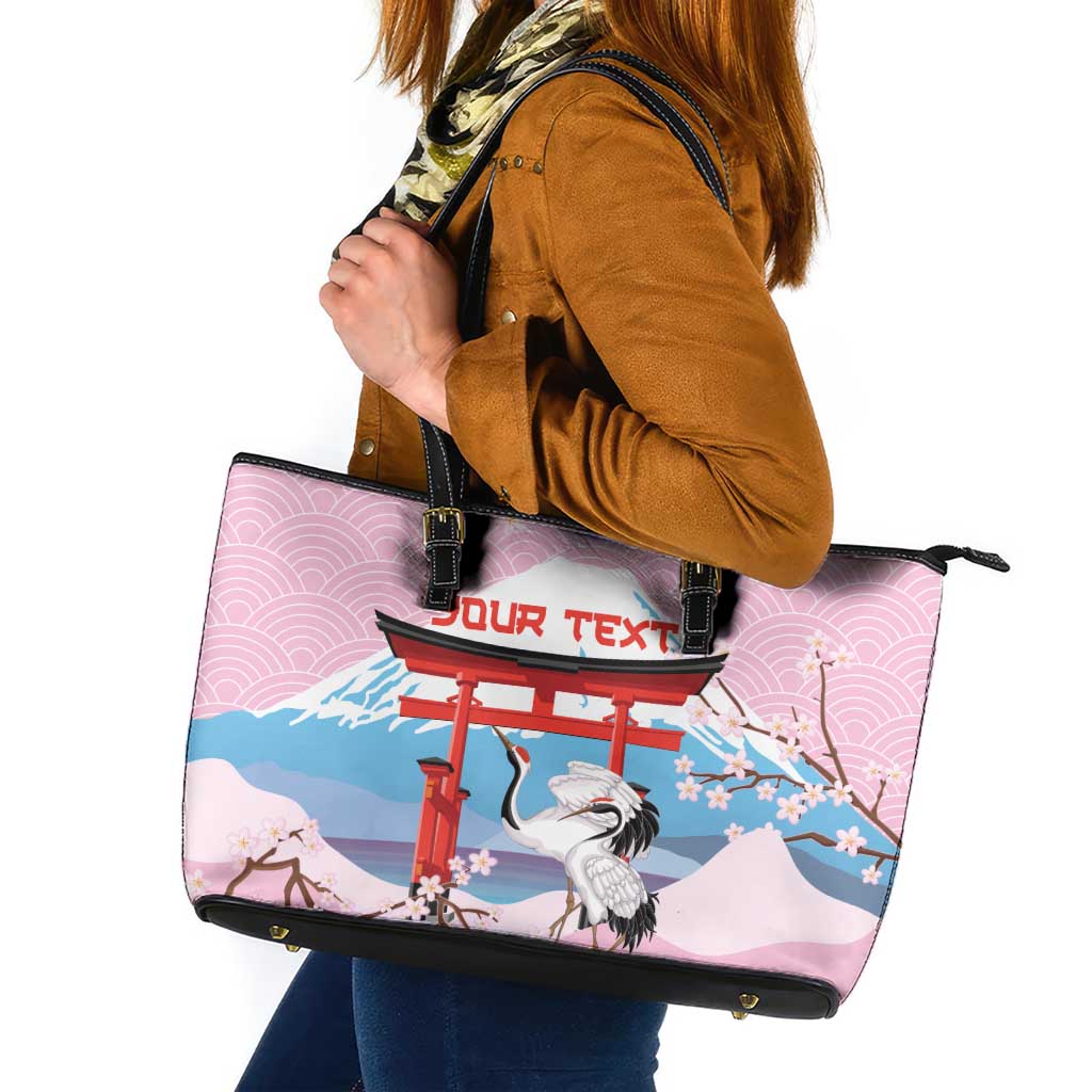 Japanese Torii Gate Cranes Personalised Leather Tote Bag Fuji Mount Sakura Seigaiha Pattern LT14 Pink - Polynesian Pride