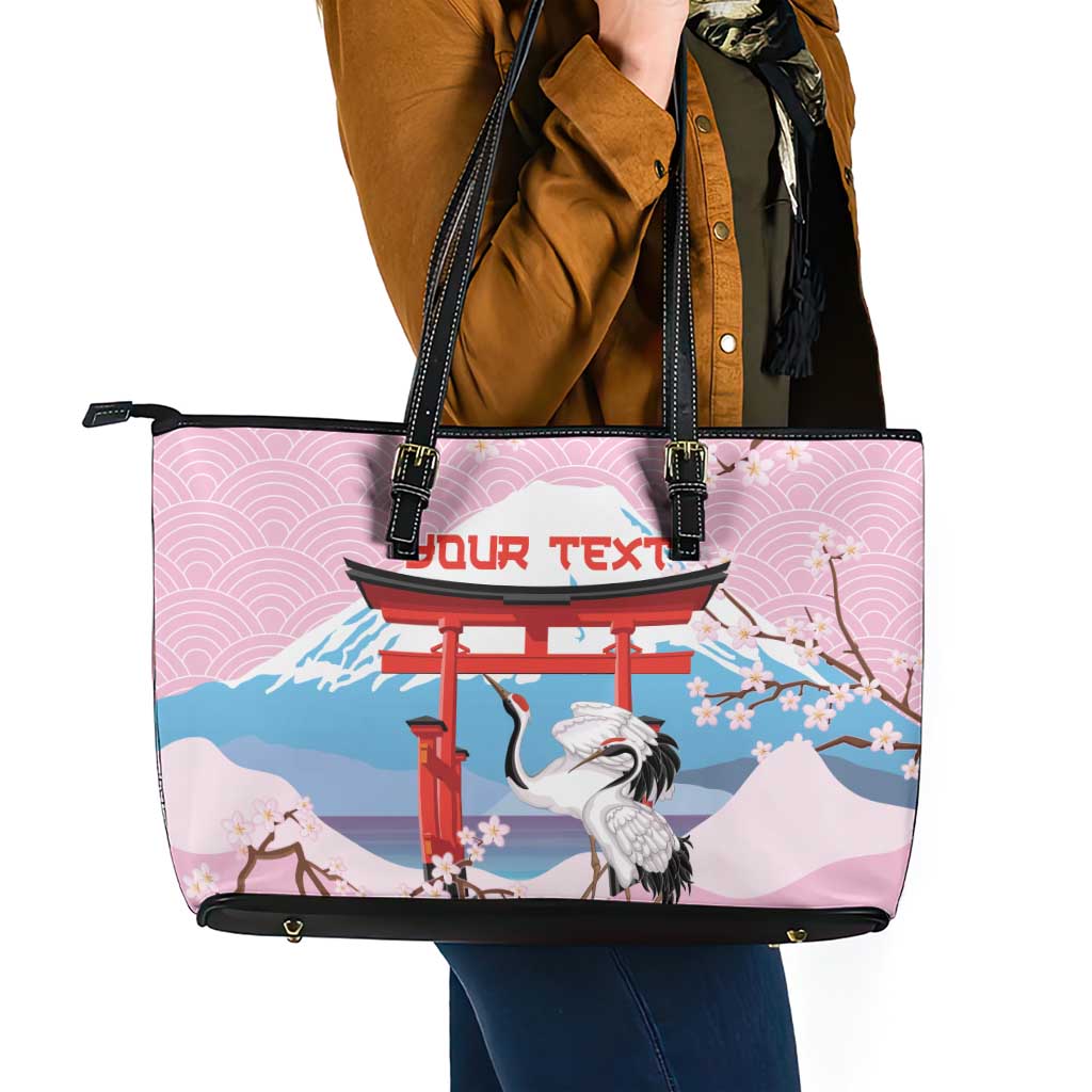 Japanese Torii Gate Cranes Personalised Leather Tote Bag Fuji Mount Sakura Seigaiha Pattern LT14 - Polynesian Pride