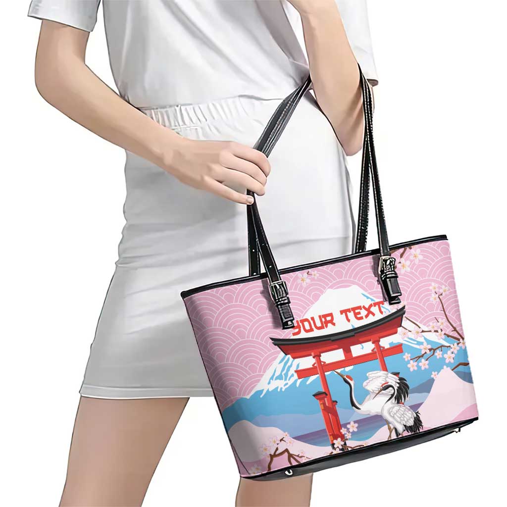 Japanese Torii Gate Cranes Personalised Leather Tote Bag Fuji Mount Sakura Seigaiha Pattern LT14 - Polynesian Pride