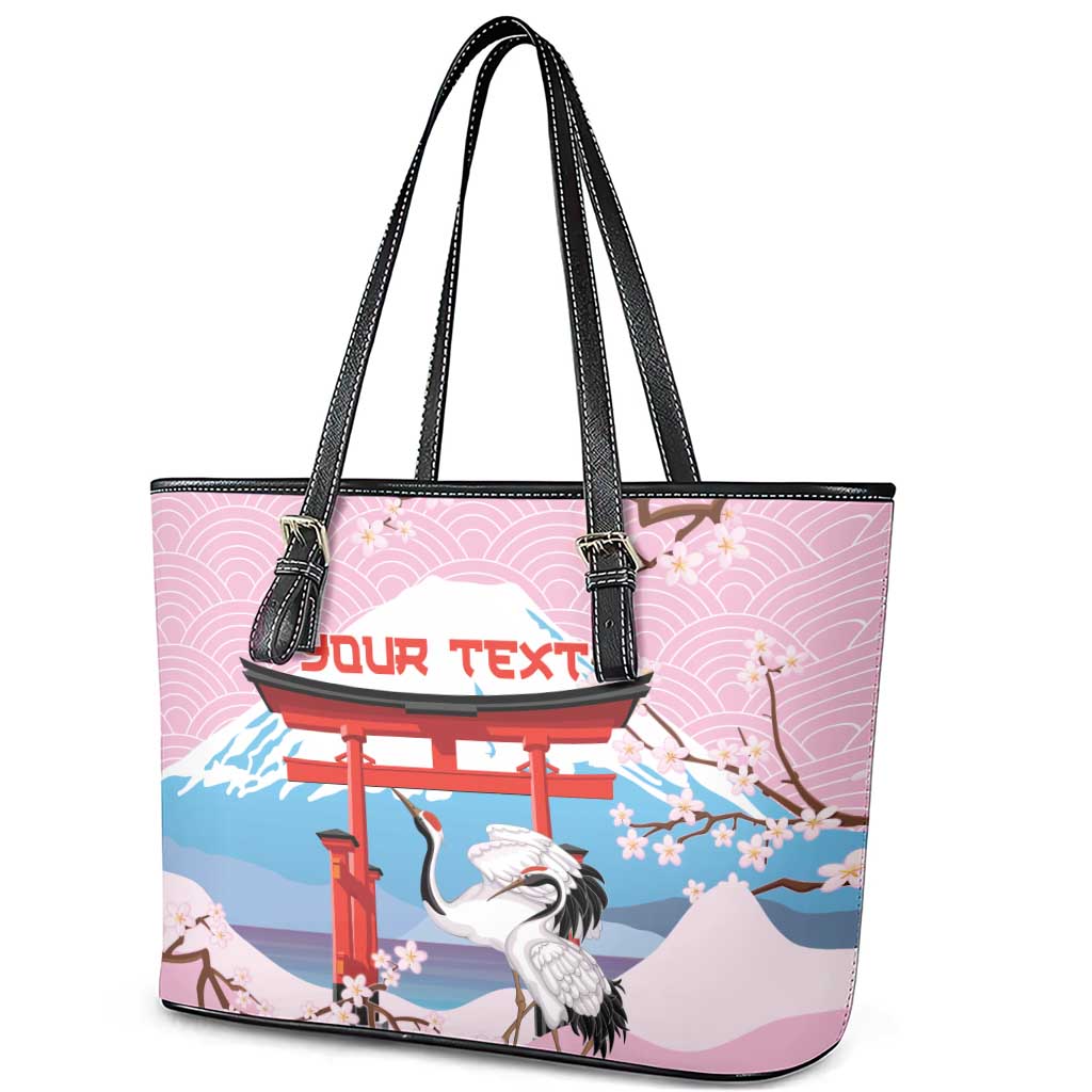 Japanese Torii Gate Cranes Personalised Leather Tote Bag Fuji Mount Sakura Seigaiha Pattern LT14 - Polynesian Pride