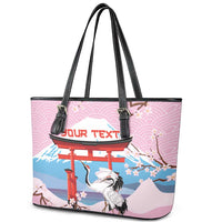 Japanese Torii Gate Cranes Personalised Leather Tote Bag Fuji Mount Sakura Seigaiha Pattern LT14 - Polynesian Pride
