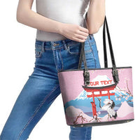 Japanese Torii Gate Cranes Personalised Leather Tote Bag Fuji Mount Sakura Seigaiha Pattern LT14 - Polynesian Pride