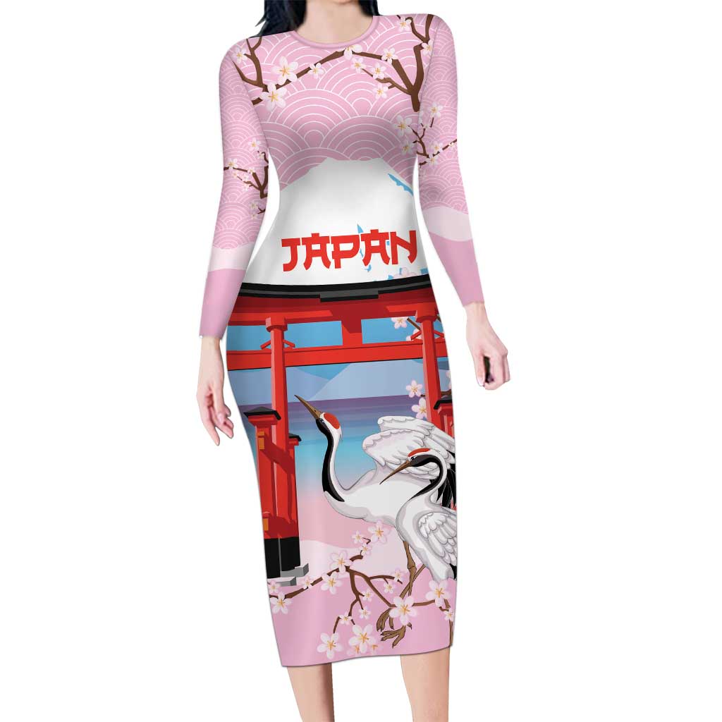 Japanese Torii Gate Cranes Personalised Long Sleeve Bodycon Dress Fuji Mount Sakura Seigaiha Pattern