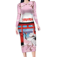 Japanese Torii Gate Cranes Personalised Long Sleeve Bodycon Dress Fuji Mount Sakura Seigaiha Pattern