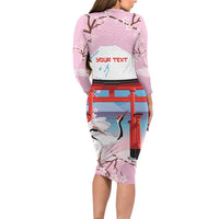 Japanese Torii Gate Cranes Personalised Long Sleeve Bodycon Dress Fuji Mount Sakura Seigaiha Pattern