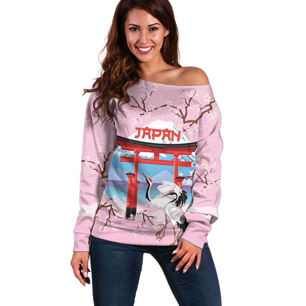 Japanese Torii Gate Cranes Personalised Off Shoulder Sweater Fuji Mount Sakura Seigaiha Pattern LT14 Women Pink - Polynesian Pride