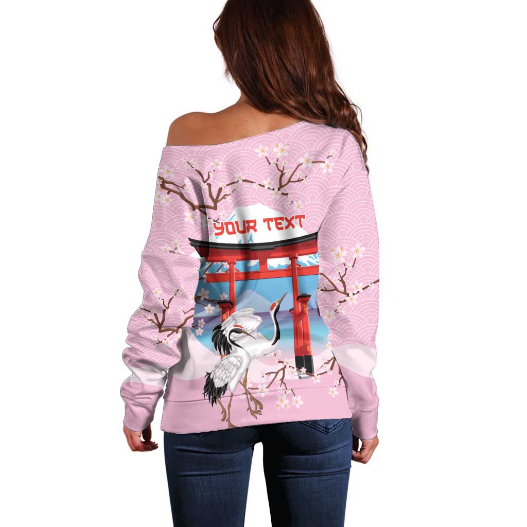 Japanese Torii Gate Cranes Personalised Off Shoulder Sweater Fuji Mount Sakura Seigaiha Pattern LT14 - Polynesian Pride