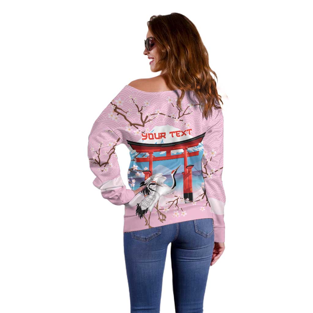 Japanese Torii Gate Cranes Personalised Off Shoulder Sweater Fuji Mount Sakura Seigaiha Pattern LT14 - Polynesian Pride