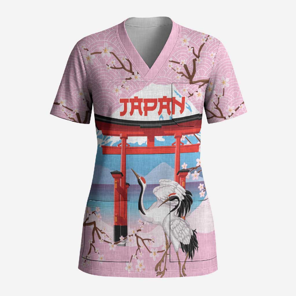 Japanese Torii Gate Cranes Personalised Scrub Top Fuji Mount Sakura Seigaiha Pattern LT14 Adult Pink - Polynesian Pride