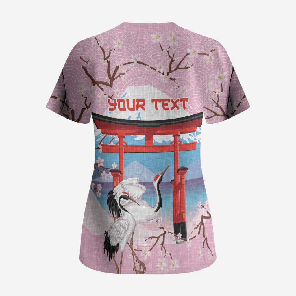 Japanese Torii Gate Cranes Personalised Scrub Top Fuji Mount Sakura Seigaiha Pattern LT14 - Polynesian Pride