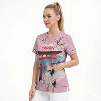 Japanese Torii Gate Cranes Personalised Scrub Top Fuji Mount Sakura Seigaiha Pattern LT14 - Polynesian Pride