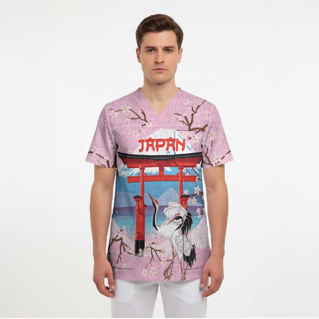 Japanese Torii Gate Cranes Personalised Scrub Top Fuji Mount Sakura Seigaiha Pattern LT14 - Polynesian Pride