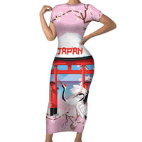 Japanese Torii Gate Cranes Personalised Short Sleeve Bodycon Dress Fuji Mount Sakura Seigaiha Pattern LT14 Long Dress Pink - Polynesian Pride