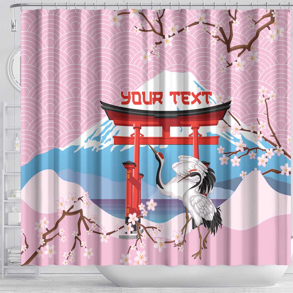 Japanese Torii Gate Cranes Personalised Shower Curtain Fuji Mount Sakura Seigaiha Pattern LT14 - Polynesian Pride