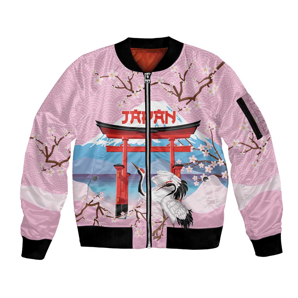 Japanese Torii Gate Cranes Personalised Sleeve Zip Bomber Jacket Fuji Mount Sakura Seigaiha Pattern LT14 Unisex Pink - Polynesian Pride