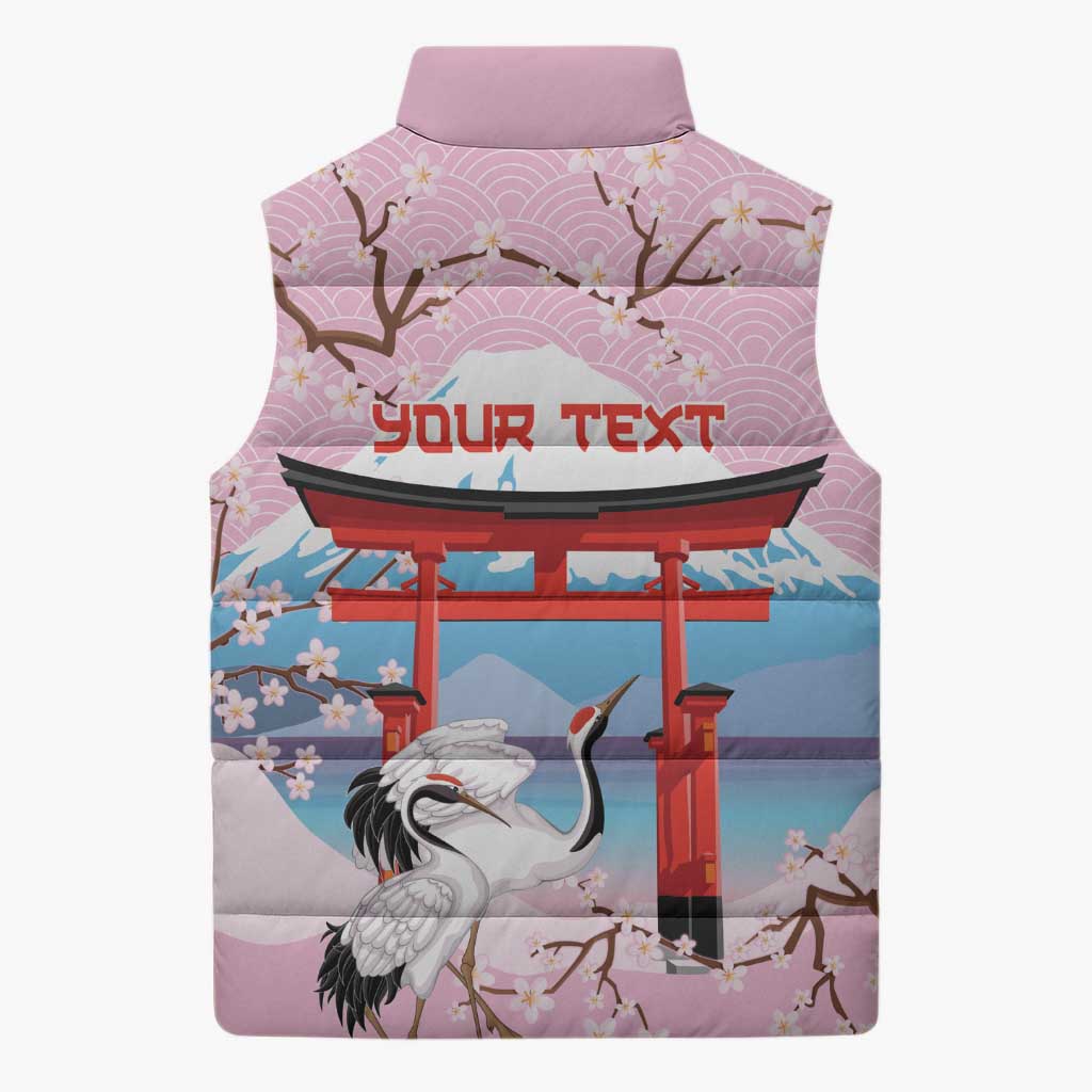 Japanese Torii Gate Cranes Personalised Sleeveless Puffer Jacket Fuji Mount Sakura Seigaiha Pattern LT14 - Polynesian Pride