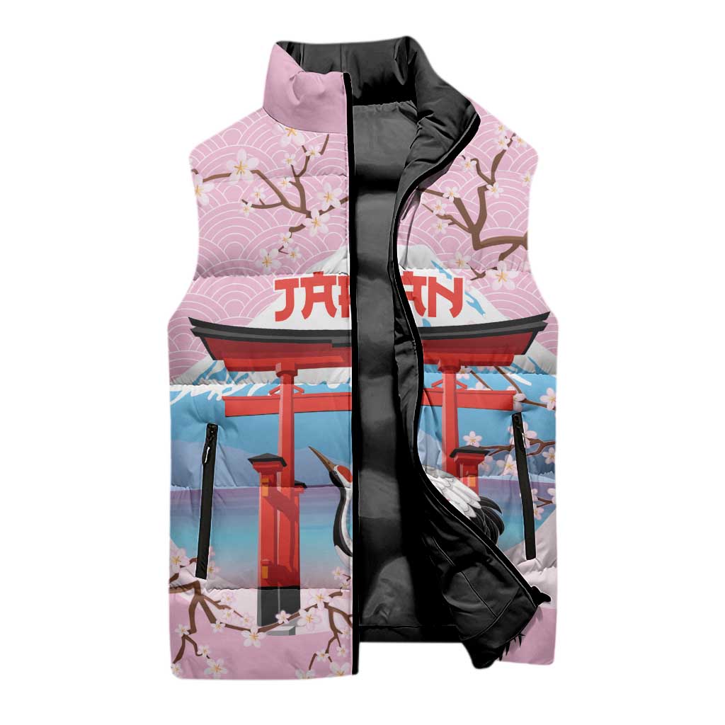 Japanese Torii Gate Cranes Personalised Sleeveless Puffer Jacket Fuji Mount Sakura Seigaiha Pattern LT14 - Polynesian Pride