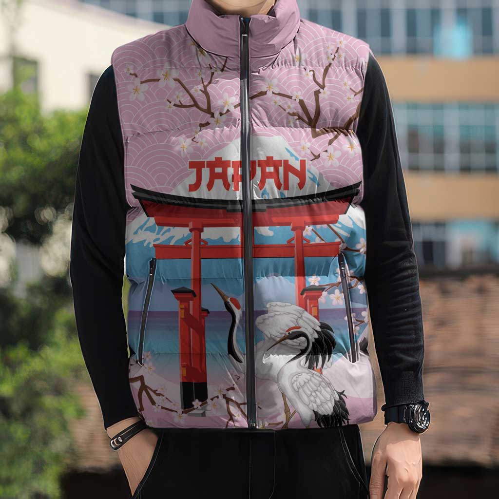 Japanese Torii Gate Cranes Personalised Sleeveless Puffer Jacket Fuji Mount Sakura Seigaiha Pattern LT14 - Polynesian Pride