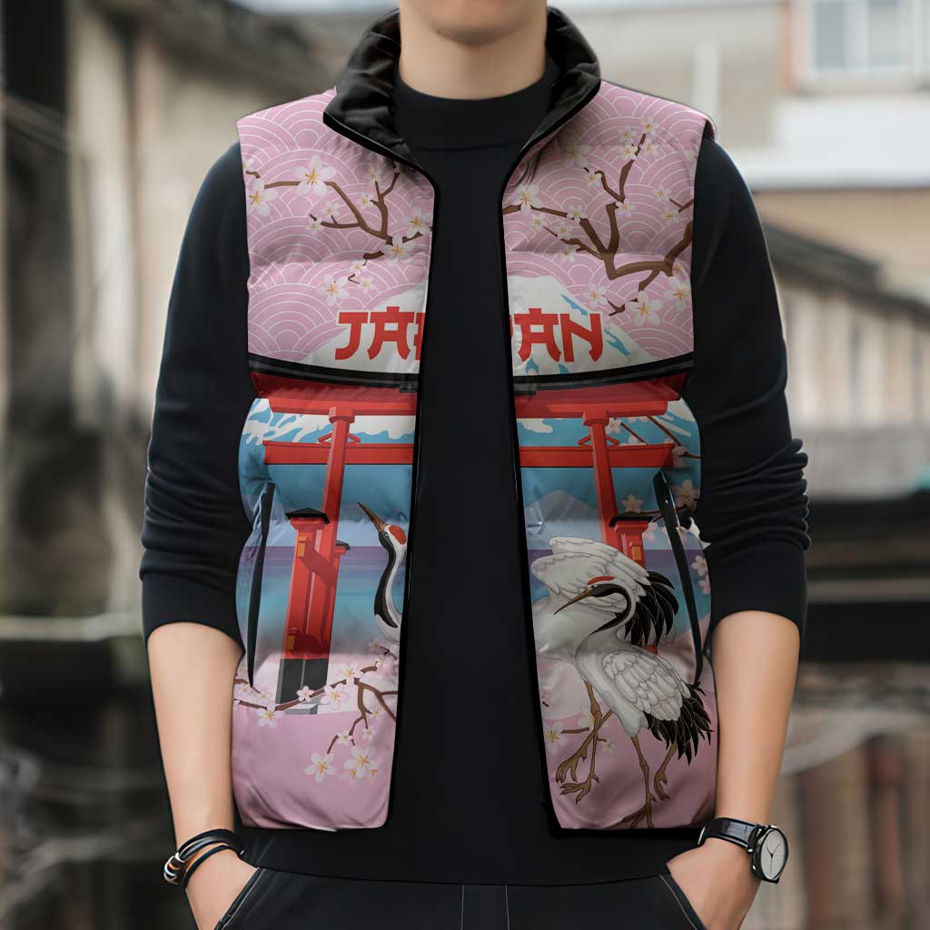 Japanese Torii Gate Cranes Personalised Sleeveless Puffer Jacket Fuji Mount Sakura Seigaiha Pattern LT14 - Polynesian Pride