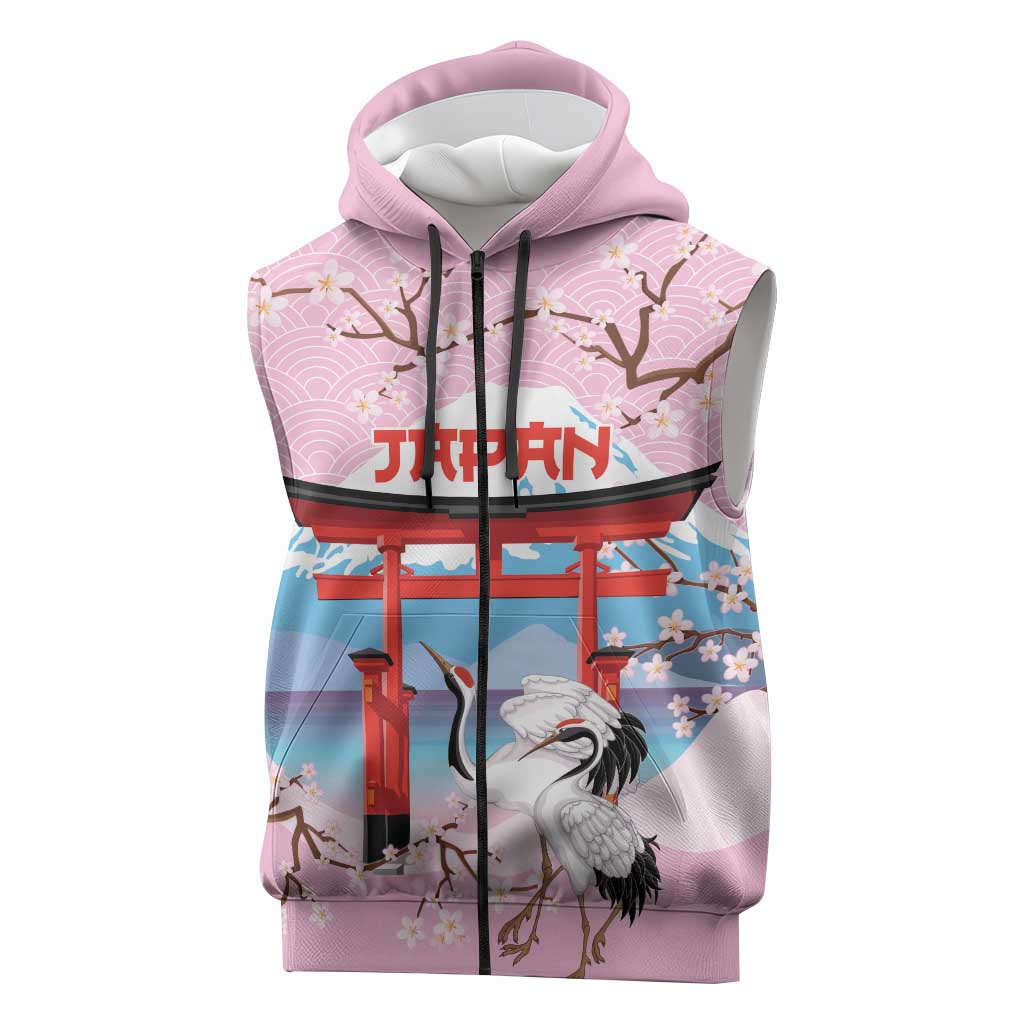 Japanese Torii Gate Cranes Personalised Sleeveless Zip Hoodie Fuji Mount Sakura Seigaiha Pattern LT14 Pink - Polynesian Pride