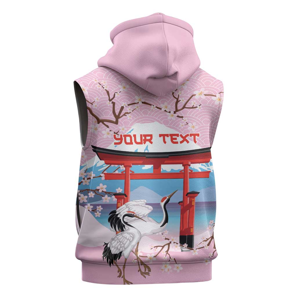 Japanese Torii Gate Cranes Personalised Sleeveless Zip Hoodie Fuji Mount Sakura Seigaiha Pattern LT14 - Polynesian Pride