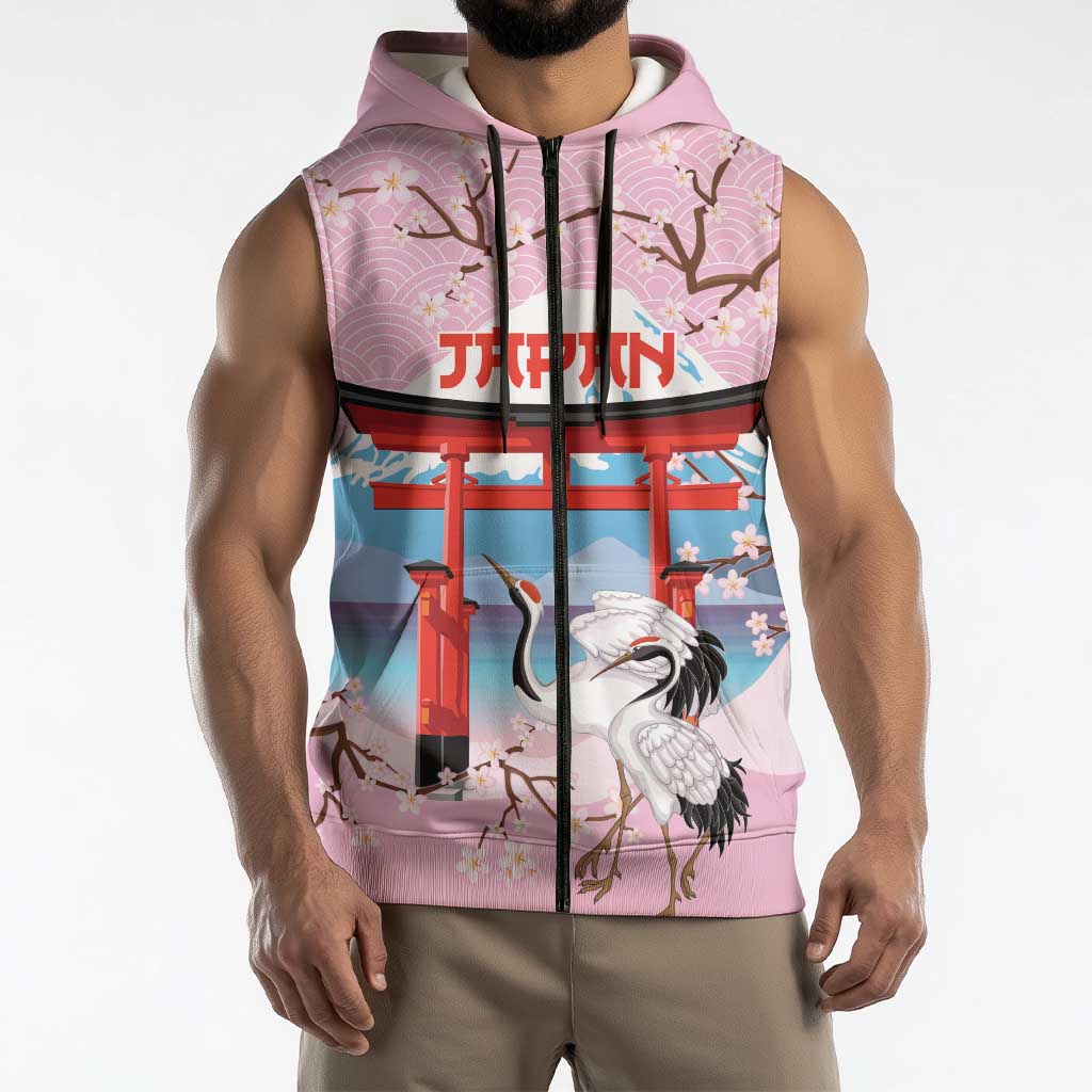 Japanese Torii Gate Cranes Personalised Sleeveless Zip Hoodie Fuji Mount Sakura Seigaiha Pattern LT14 - Polynesian Pride