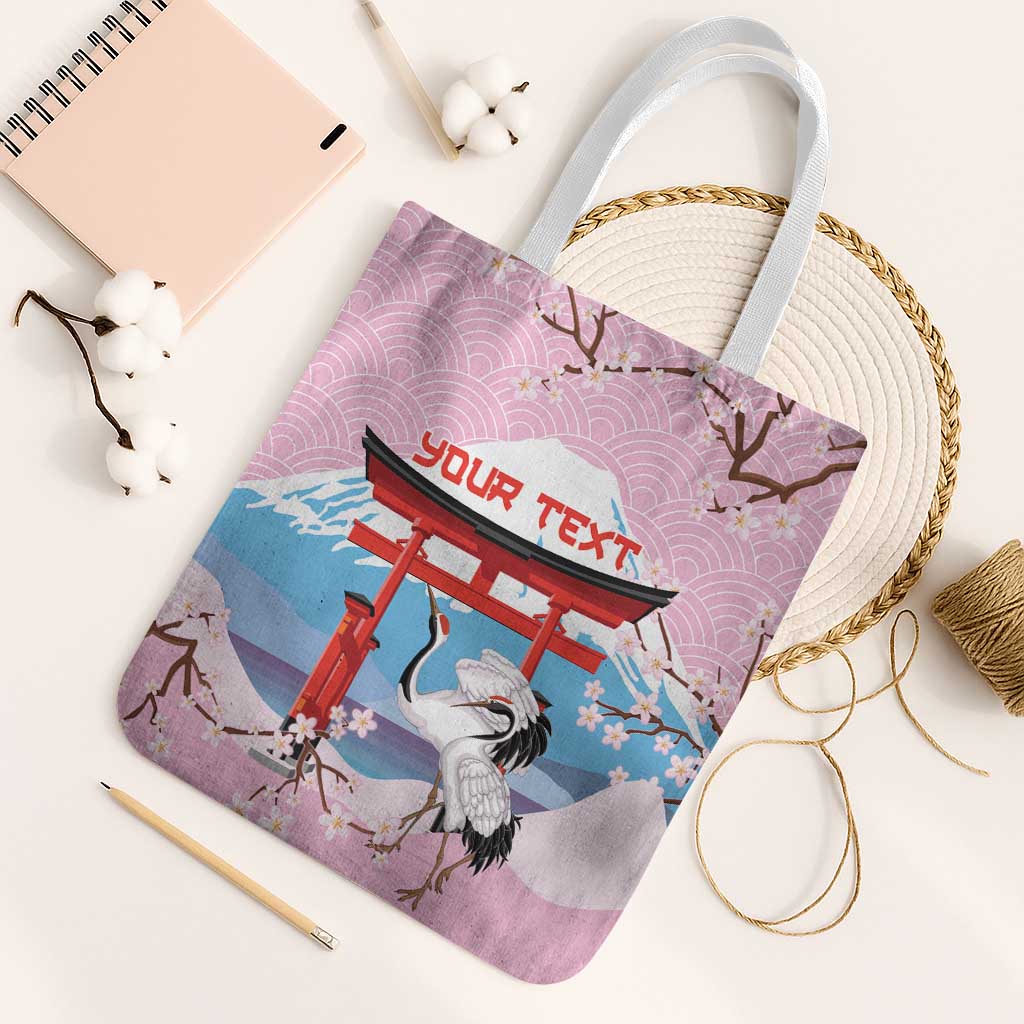 Japanese Torii Gate Cranes Personalised Tote Bag Fuji Mount Sakura Seigaiha Pattern LT14 White Strap One Size Pink - Polynesian Pride