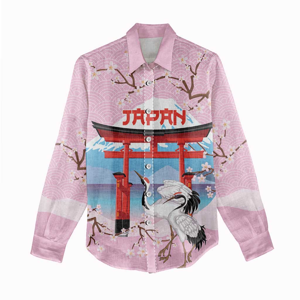 Japanese Torii Gate Cranes Personalised Women Casual Shirt Fuji Mount Sakura Seigaiha Pattern LT14 - Polynesian Pride