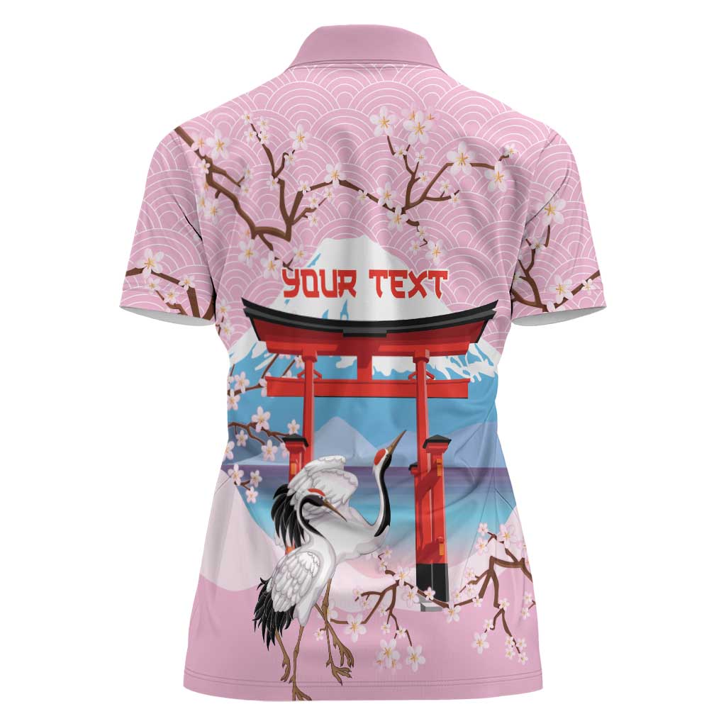 Japanese Torii Gate Cranes Personalised Women Polo Shirt Fuji Mount Sakura Seigaiha Pattern LT14 - Polynesian Pride