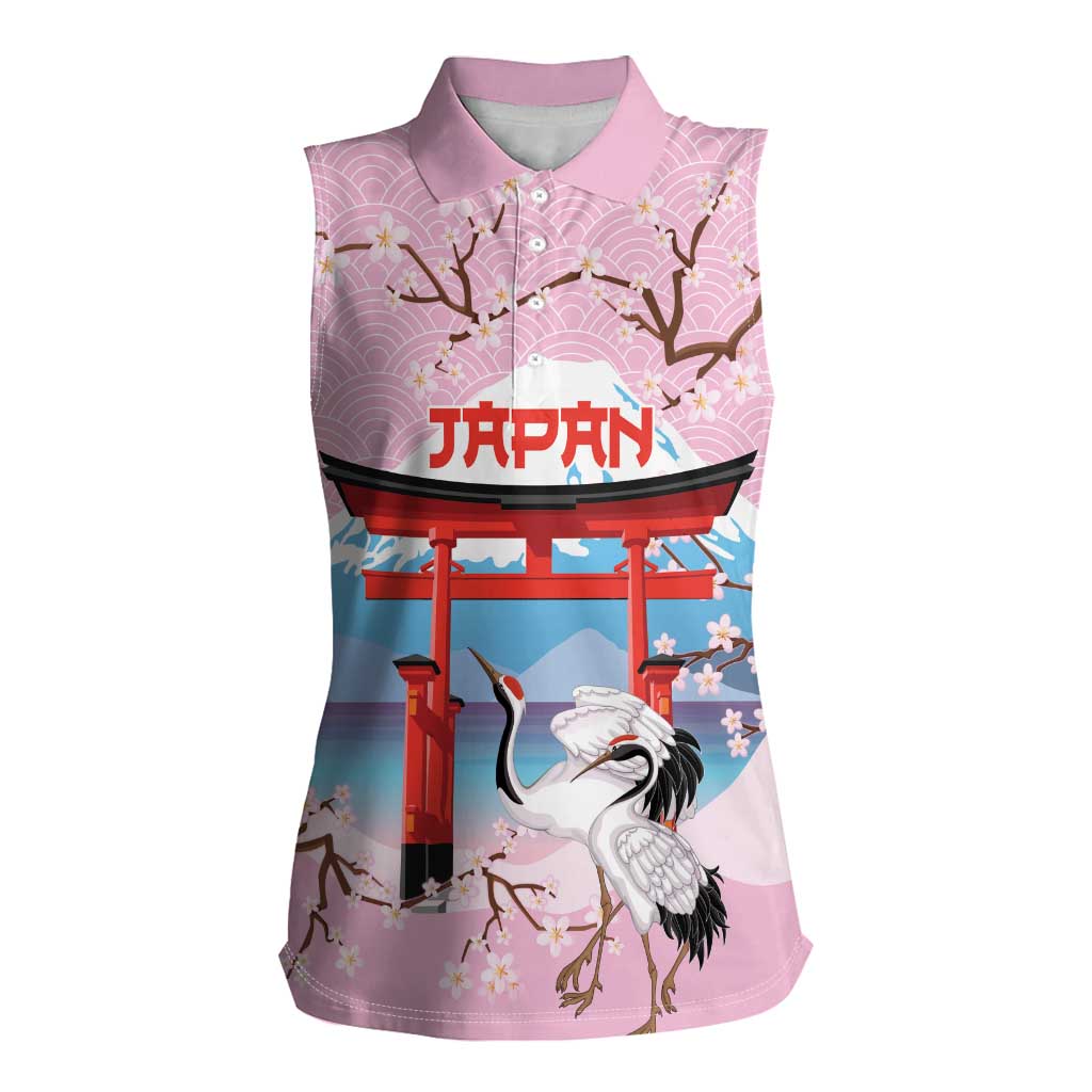 Japanese Torii Gate Cranes Personalised Women Sleeveless Polo Shirt Fuji Mount Sakura Seigaiha Pattern LT14 Female Pink - Polynesian Pride