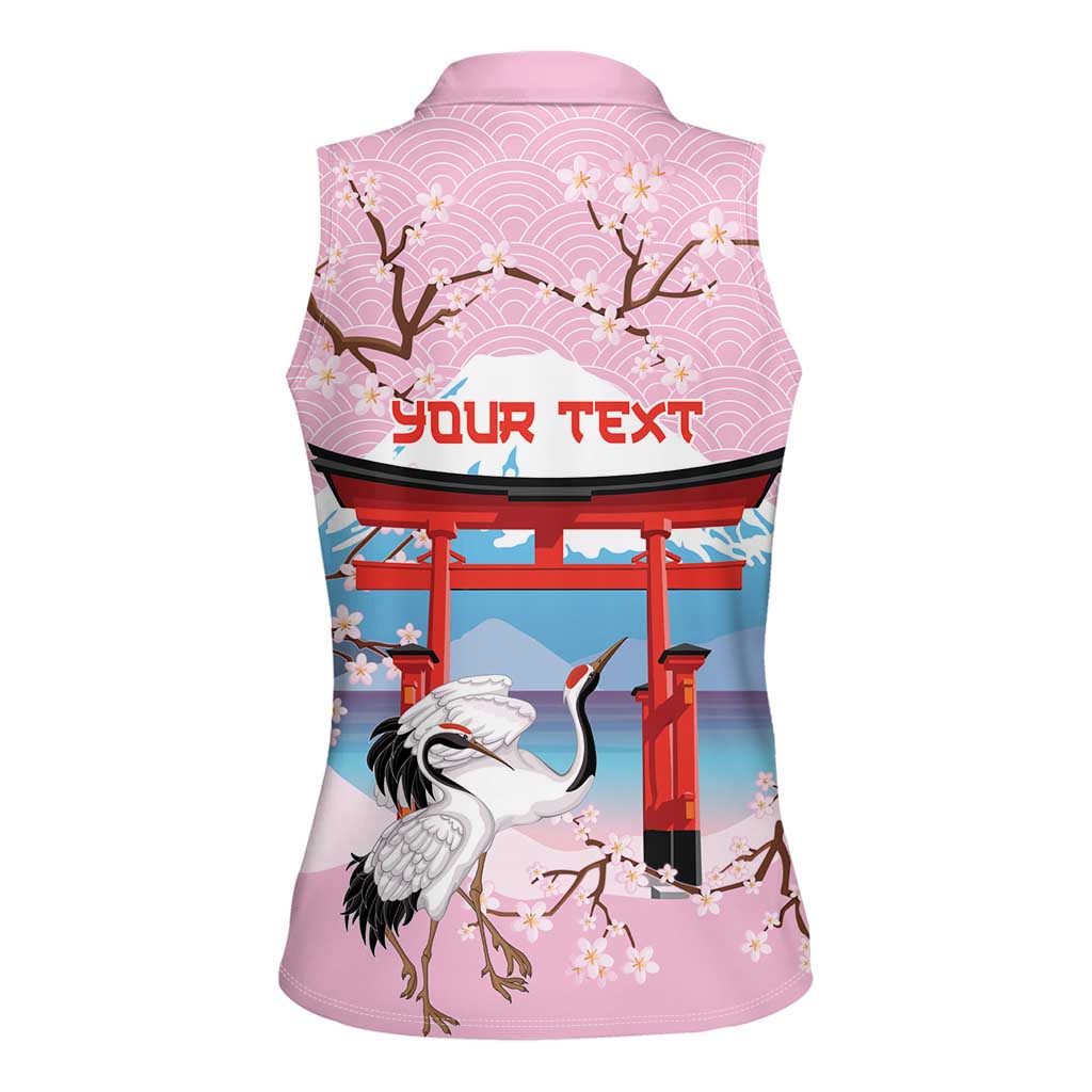 Japanese Torii Gate Cranes Personalised Women Sleeveless Polo Shirt Fuji Mount Sakura Seigaiha Pattern LT14 - Polynesian Pride