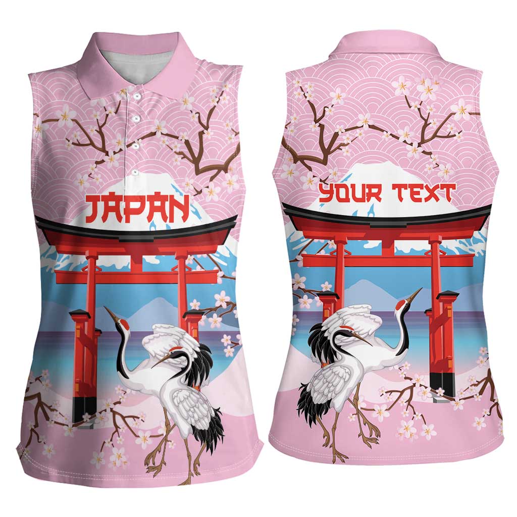 Japanese Torii Gate Cranes Personalised Women Sleeveless Polo Shirt Fuji Mount Sakura Seigaiha Pattern LT14 - Polynesian Pride