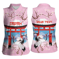 Japanese Torii Gate Cranes Personalised Women Sleeveless Polo Shirt Fuji Mount Sakura Seigaiha Pattern LT14 - Polynesian Pride