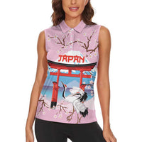 Japanese Torii Gate Cranes Personalised Women Sleeveless Polo Shirt Fuji Mount Sakura Seigaiha Pattern LT14 - Polynesian Pride