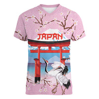 Japanese Torii Gate Cranes Personalised Women V-Neck T-Shirt Fuji Mount Sakura Seigaiha Pattern