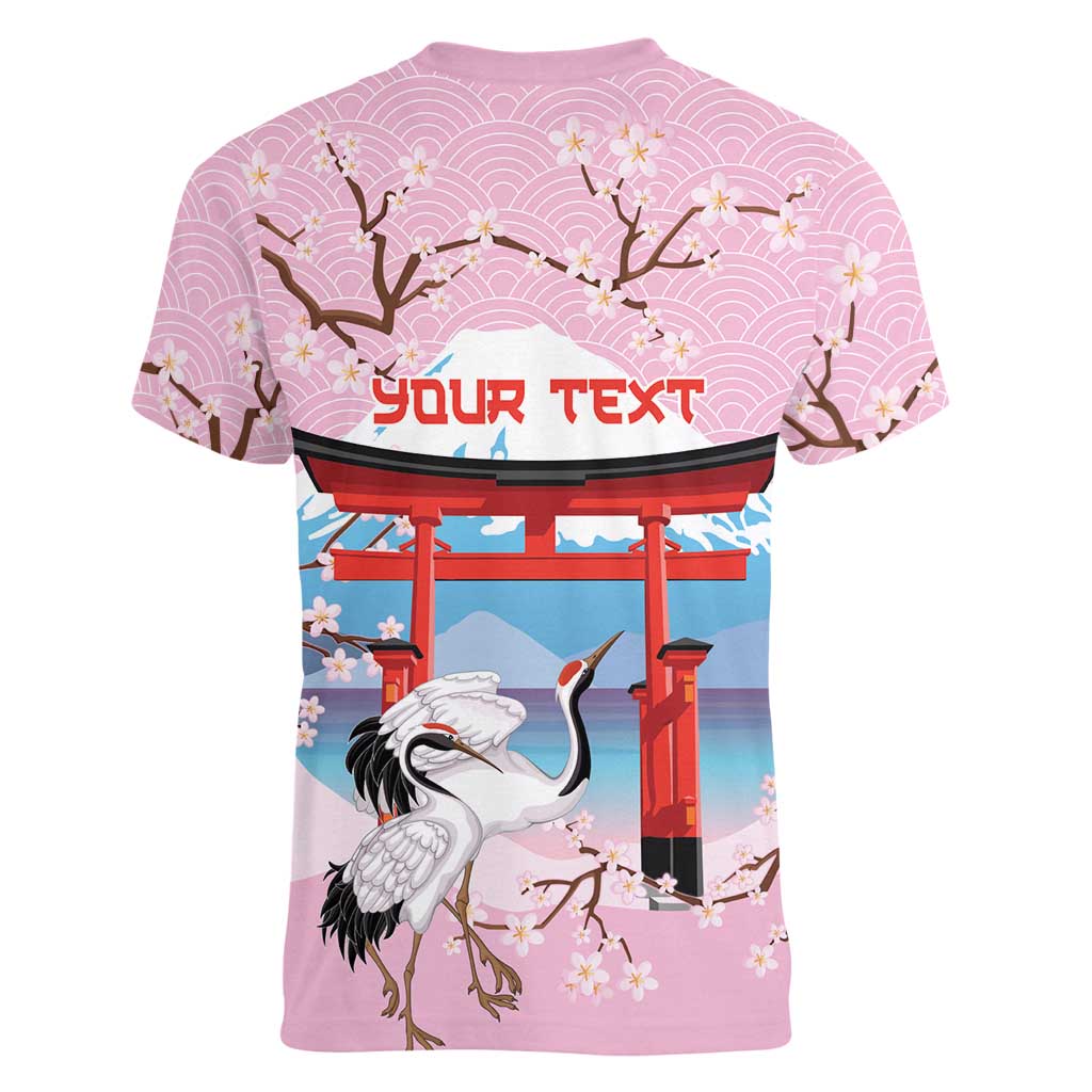 Japanese Torii Gate Cranes Personalised Women V-Neck T-Shirt Fuji Mount Sakura Seigaiha Pattern