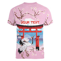Japanese Torii Gate Cranes Personalised Women V-Neck T-Shirt Fuji Mount Sakura Seigaiha Pattern