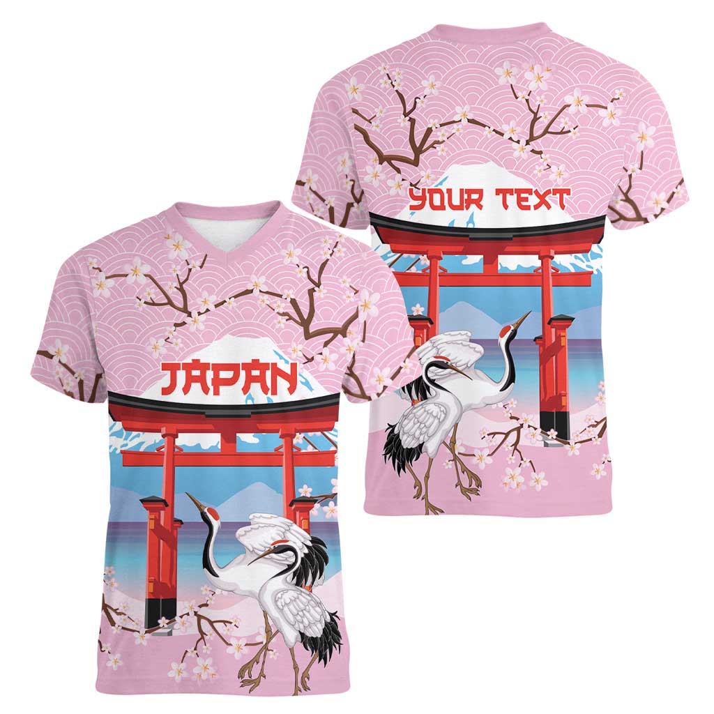 Japanese Torii Gate Cranes Personalised Women V-Neck T-Shirt Fuji Mount Sakura Seigaiha Pattern