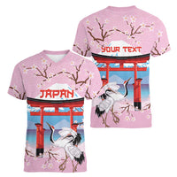 Japanese Torii Gate Cranes Personalised Women V-Neck T-Shirt Fuji Mount Sakura Seigaiha Pattern