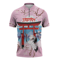 Japanese Torii Gate Cranes Personalised Zipper Polo Shirt Fuji Mount Sakura Seigaiha Pattern LT14 Pink - Polynesian Pride