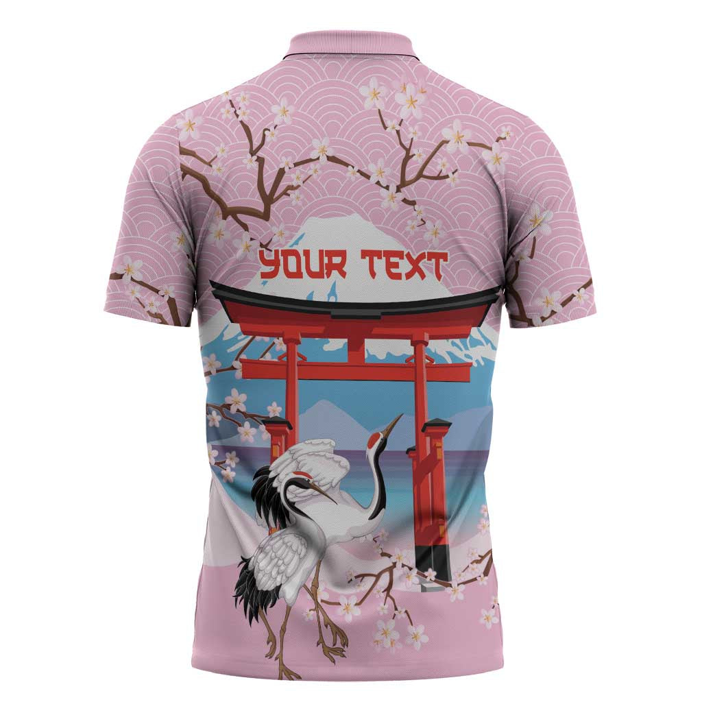 Japanese Torii Gate Cranes Personalised Zipper Polo Shirt Fuji Mount Sakura Seigaiha Pattern LT14 - Polynesian Pride