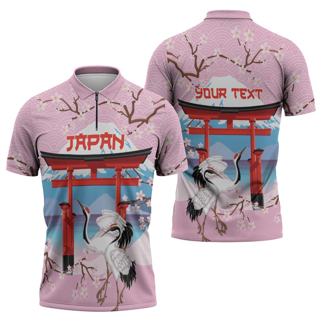 Japanese Torii Gate Cranes Personalised Zipper Polo Shirt Fuji Mount Sakura Seigaiha Pattern LT14 - Polynesian Pride