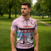 Japanese Torii Gate Cranes Personalised Zipper Polo Shirt Fuji Mount Sakura Seigaiha Pattern LT14 - Polynesian Pride